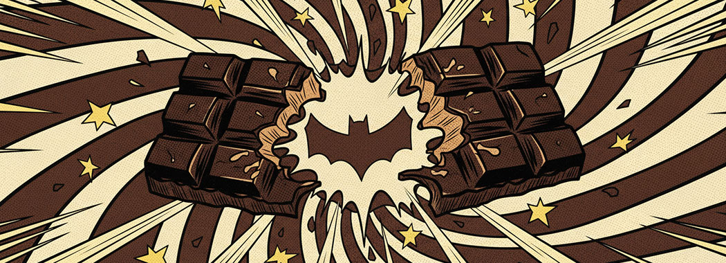 Bold pop-art illustration of a dark chocolate bar breaking apart with comic energy lines in rich cocoa browns and yellow bursts