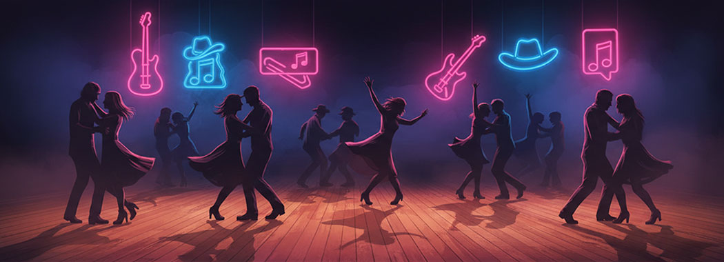 Vibrant illustration of a honky-tonk dance floor with silhouetted dancers in neon pink and electric blue light