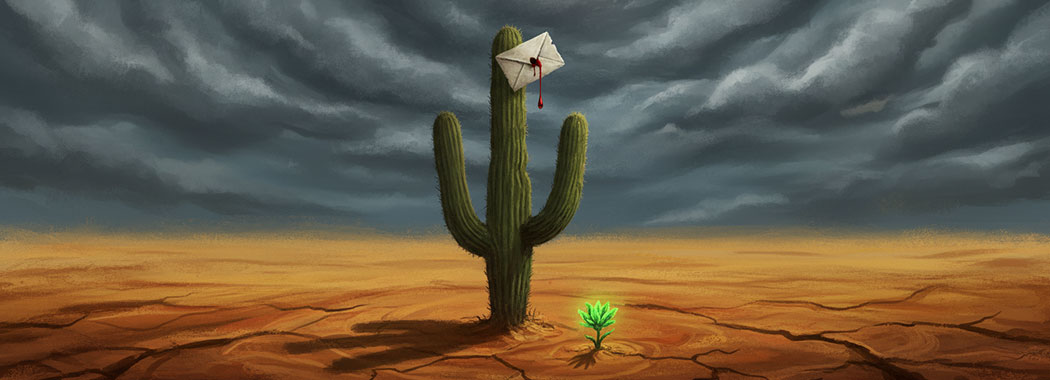Surreal illustration of a lone cactus with a letter impaled on its spine, a crimson drop falling to sand where a green bloom emerges under gathering rain clouds