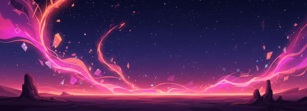 Surreal illustration of neon lights dissolving into a deep indigo desert night sky with hot magenta and tangerine glow fading like a mirage