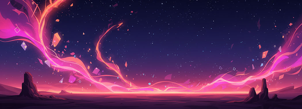 Surreal illustration of neon lights dissolving into a deep indigo desert night sky with hot magenta and tangerine glow fading like a mirage