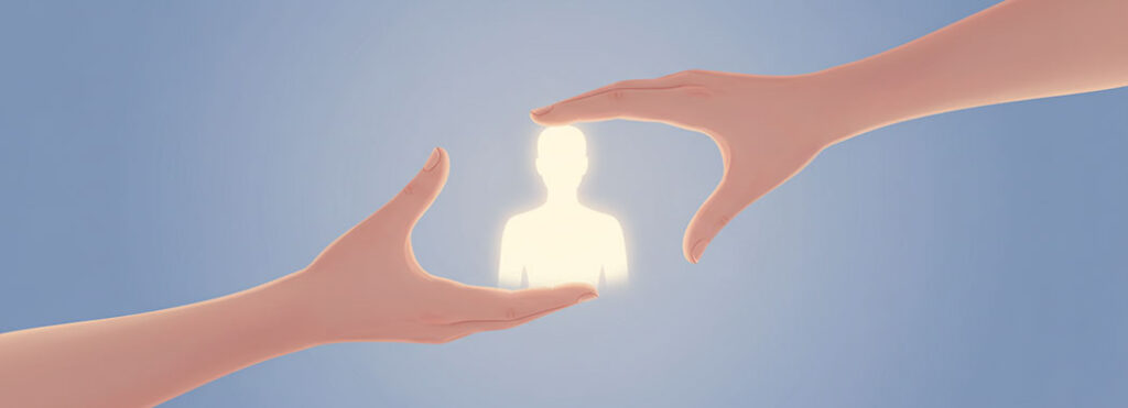 Minimal illustration of outstretched hands framing a faint shimmering champagne-gold silhouette against cool periwinkle blue