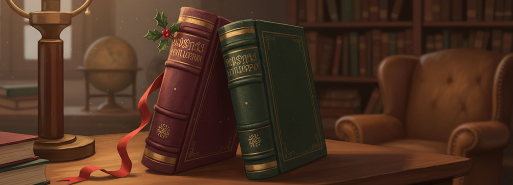 Warm nostalgic illustration of two vintage encyclopedia volumes in burgundy and green leather with gold lettering and holiday holly