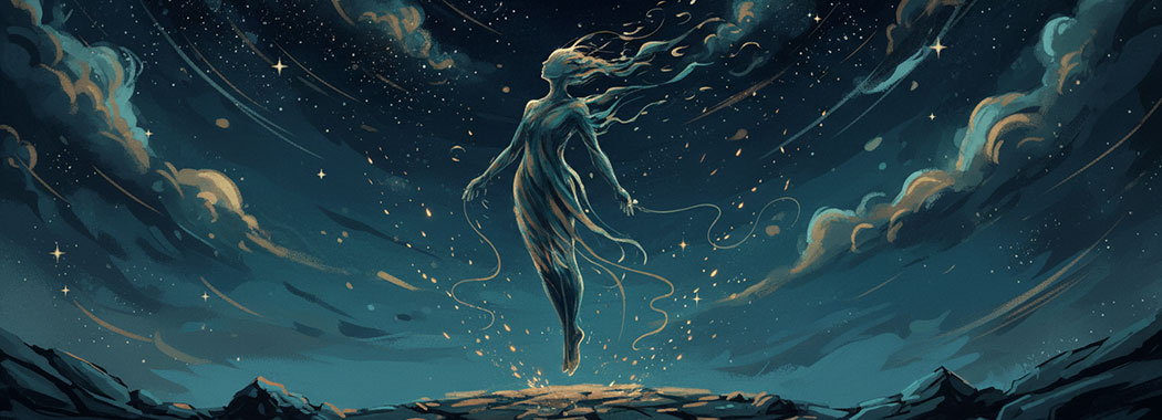 Ethereal illustration of a figure floating weightlessly upward in deep teal and warm bronze with faint ember-sparks and dissolving gravity threads