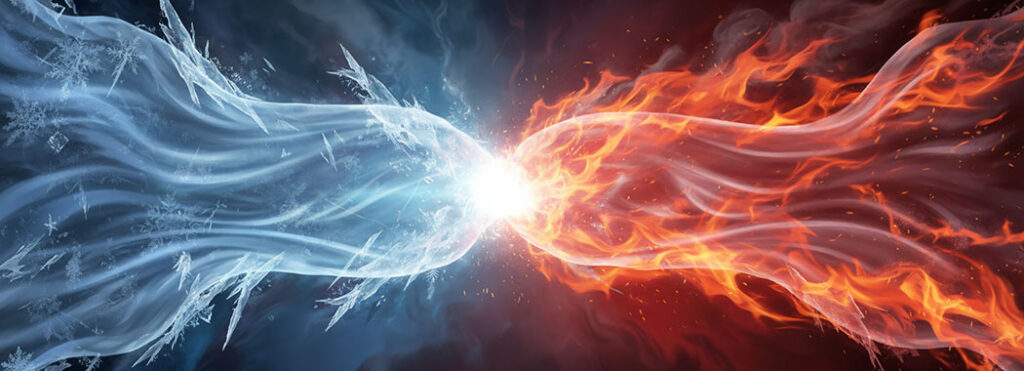 Dramatic illustration of silk fabric catching fire where glacial ice-blue meets deep crimson flame at the ignition point