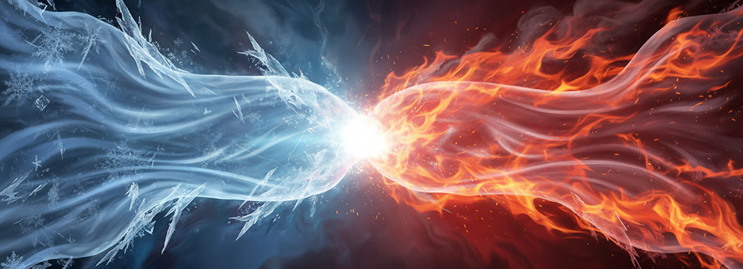 Dramatic illustration of silk fabric catching fire where glacial ice-blue meets deep crimson flame at the ignition point