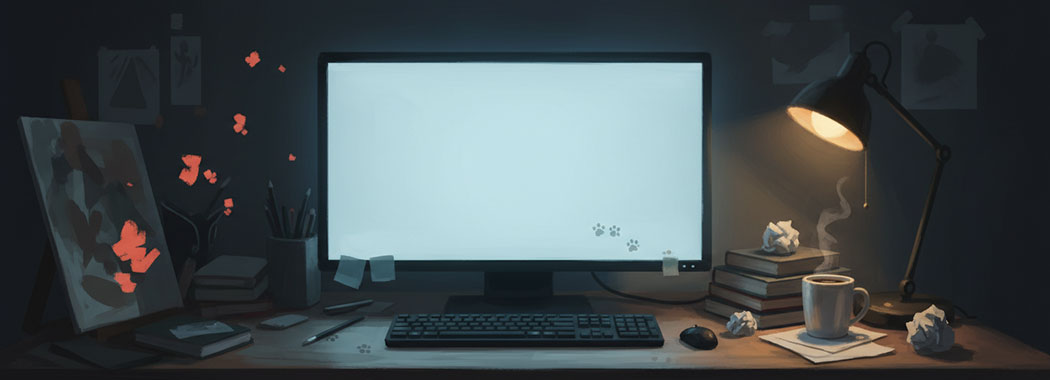 Warm illustration of a cluttered late-night desk with glowing screen, cat paw prints on the keyboard, and amber lamplight against deep shadows
