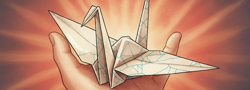 Delicate illustration of an origami form mid-fold in warm ivory with subtle teal cracks and soft terracotta glow