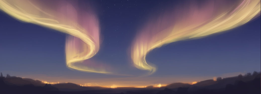 Warm aurora borealis illustration in soft gold and rose pink tones against a deep twilight sky