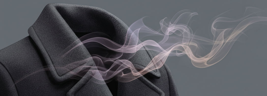 Atmospheric illustration of delicate violet and blush perfume wisps trailing from a dark coat collar against cool gray
