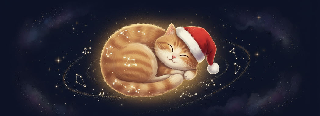Whimsical illustration of a contented cat in a Santa hat with tiny constellation stars emanating from its purring body against midnight navy
