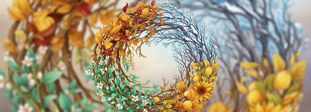 Mandala-like illustration of a seasonal wheel flowing from autumn gold through winter frost and spring green to summer warmth