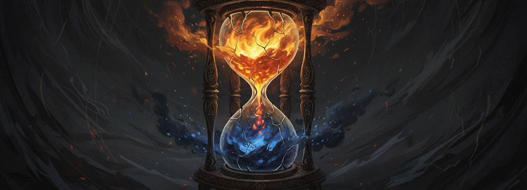 Dramatic illustration of an ornate hourglass with golden fire in the upper chamber and dark ashen flame below, ember sparks falling between