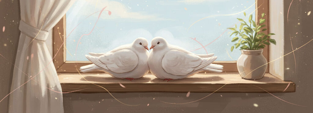 Soft warm illustration of two doves perched together on a sunlit windowsill with delicate threads of rose and gold light
