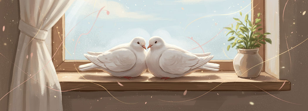 Soft warm illustration of two doves perched together on a sunlit windowsill with delicate threads of rose and gold light