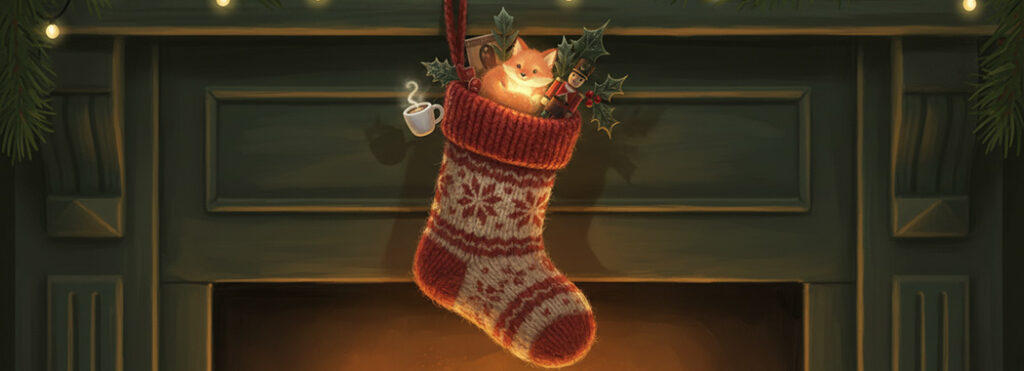 Warm festive illustration of a vintage knit Christmas stocking overstuffed with whimsical objects on a dark green mantle in amber fireplace glow