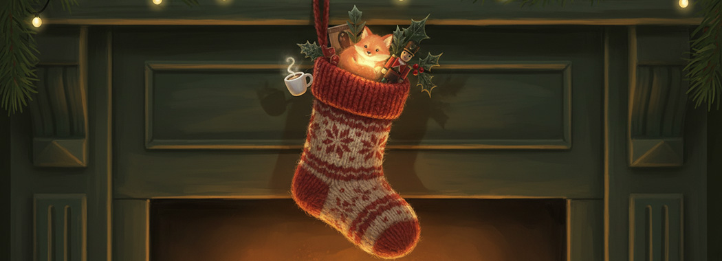 Warm festive illustration of a vintage knit Christmas stocking overstuffed with whimsical objects on a dark green mantle in amber fireplace glow