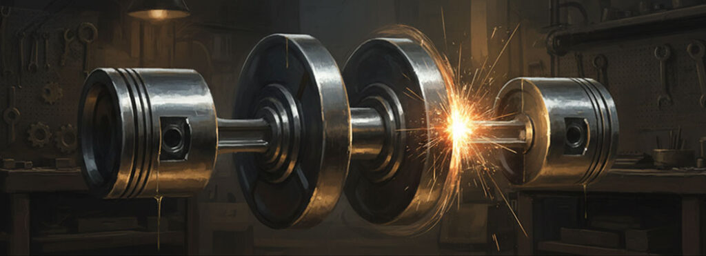 Artistic illustration of a crankshaft mechanism with a vivid spark at the friction point, warm steel-blue and amber-gold tones against a dark workshop background