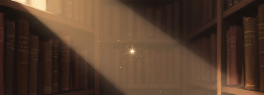 Intimate illustration of a single glowing dust mote caught in a beam of golden light inside a dim mahogany library