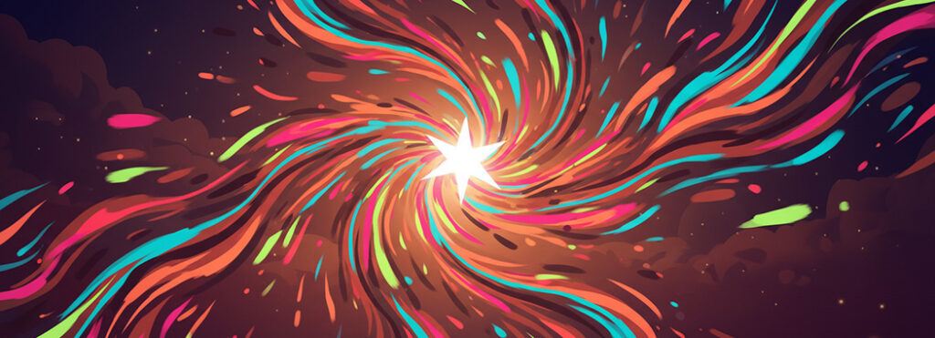 Vibrant kinetic illustration of swirling tropical coral turquoise and amber around a bright star suggesting Cuban salsa energy and celebration