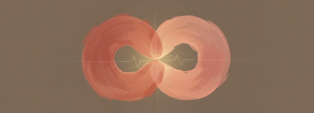 Soft abstract illustration of two warm overlapping shapes in muted terracotta and blush merging into a shared pale gold glow suggesting an intimate embrace