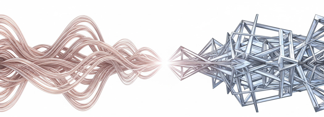 Minimalist diptych illustration of warm flowing silver threads on the left and cool geometric silver threads on the right meeting at a bright central point of light