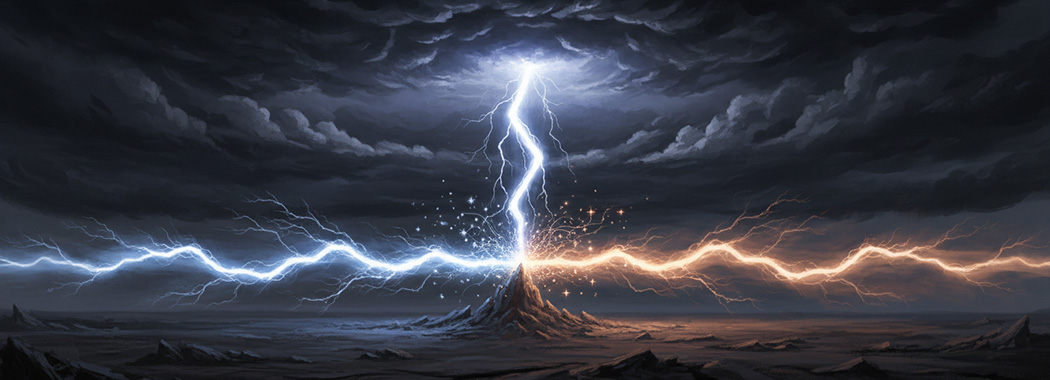 Dramatic illustration of a lightning bolt splitting at impact into electric white-blue and warm rose-gold light against a storm-black sky with scattered star-sparks