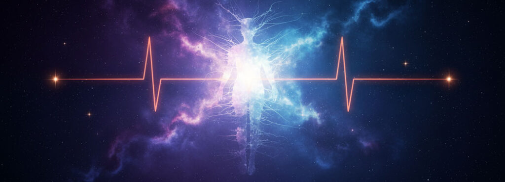 Abstract illustration of a human silhouette dissolving into stars and cosmos with a warm coral heartbeat pulse line connecting figure to the universe