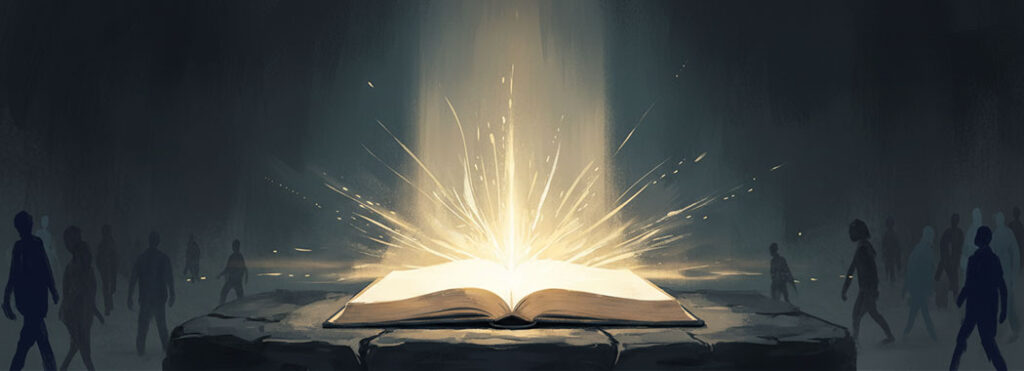 Illustration of an open book radiating warm white-gold light upward into surrounding darkness with faint silhouettes drawn toward it