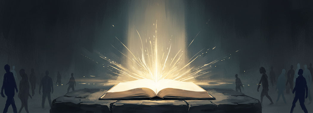 Illustration of an open book radiating warm white-gold light upward into surrounding darkness with faint silhouettes drawn toward it