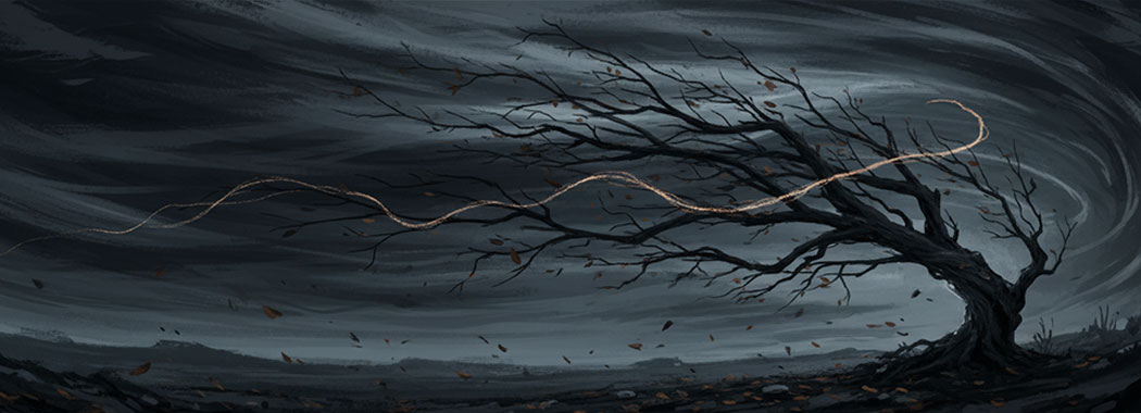 Dark atmospheric illustration of a tree falling in a windswept night with a faint thread of warm rose-gold light woven through the storm