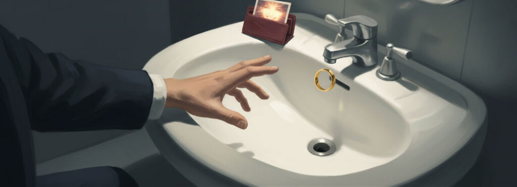 Close illustration of a hand reaching for a warm gold wedding ring at the dark edge of a porcelain sink drain beside an open oxblood wallet showing a soft amber-rose photograph, under a tight pool of warm overhead light against deep slate-gray bathroom shadow
