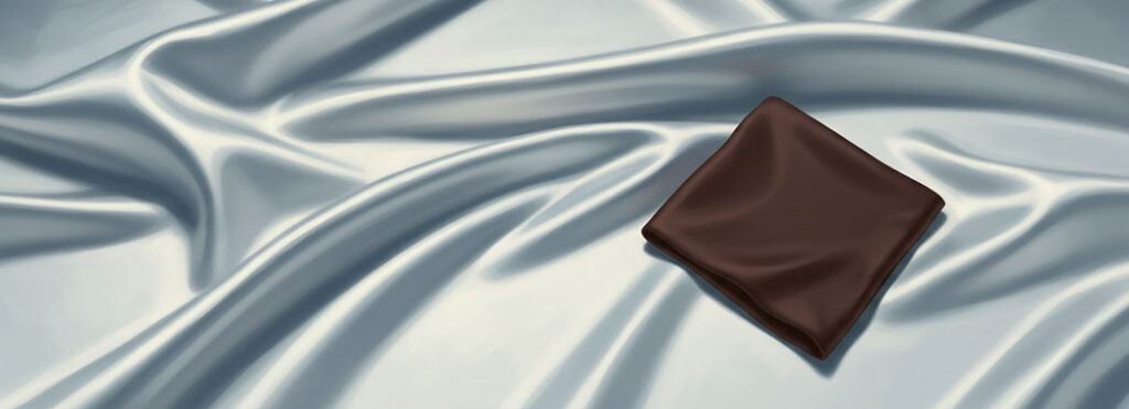 Elegant illustration of silver silk sheets catching cool moonlight with a rich dark chocolate accent suggesting refined Epicurean pleasure