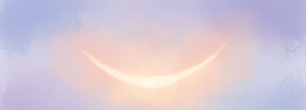 Soft luminous illustration of warm peach and blush light radiating like a smile, surrounding world dissolving into gentle lavender and powder-blue blur