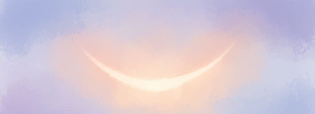 Soft luminous illustration of warm peach and blush light radiating like a smile, surrounding world dissolving into gentle lavender and powder-blue blur