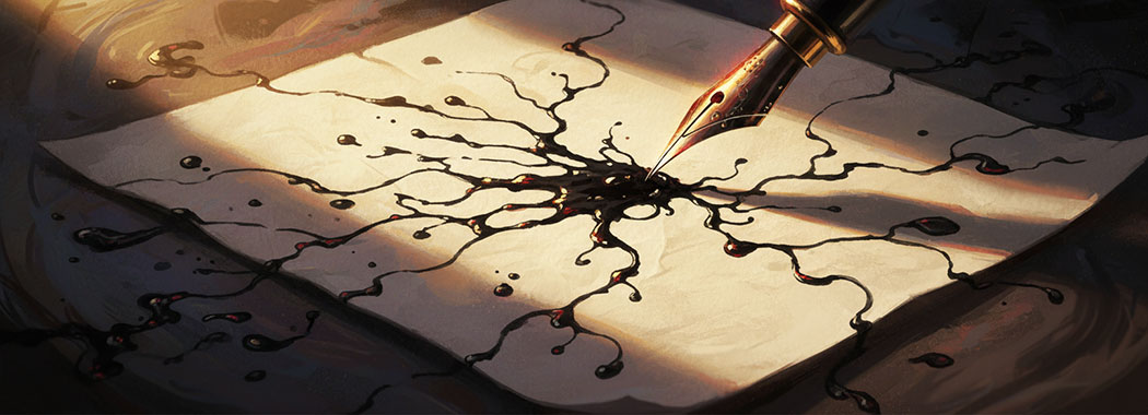 Atmospheric illustration of black ink flowing from a pen nib onto cream paper with molten scarlet and gold dawn light catching the wet ink surface
