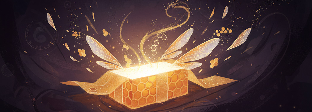 Dreamy illustration of a gift unwrapping into bee wings and honeycomb with warm amber glow emerging and spark-like flames drifting upward against winter-plum darkness