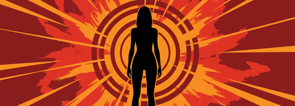 Bold graphic illustration of a woman's silhouette standing spine-straight with radiating force lines against fierce burnt-orange and deep crimson