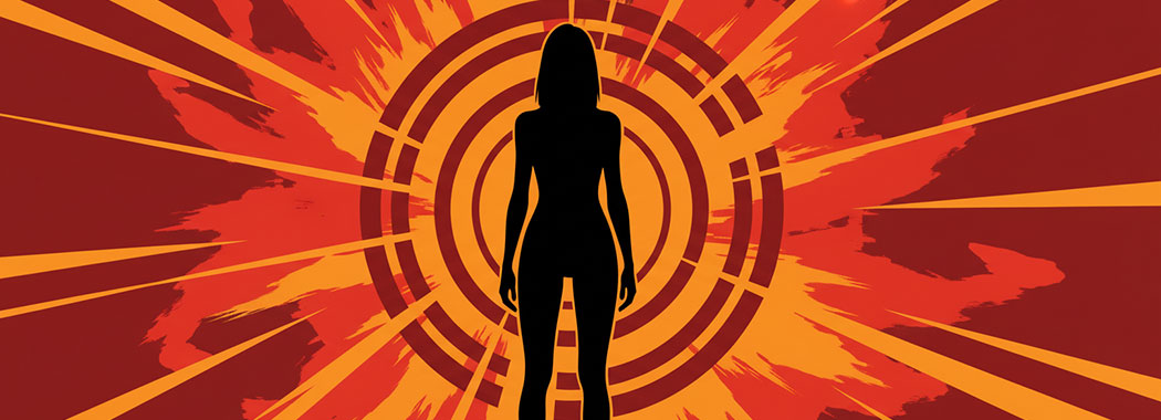Bold graphic illustration of a woman's silhouette standing spine-straight with radiating force lines against fierce burnt-orange and deep crimson