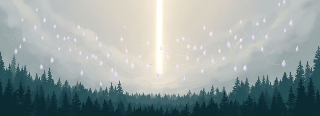 Mystical illustration of a warm white-gold beacon piercing pale silver-gray fog over deep teal forest silhouettes with suspended pale lavender-pearl drops floating in the mist