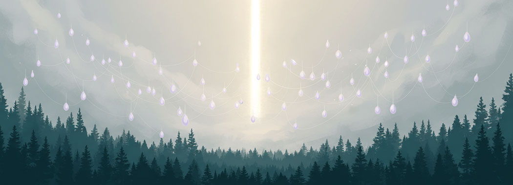 Mystical illustration of a warm white-gold beacon piercing pale silver-gray fog over deep teal forest silhouettes with suspended pale lavender-pearl drops floating in the mist