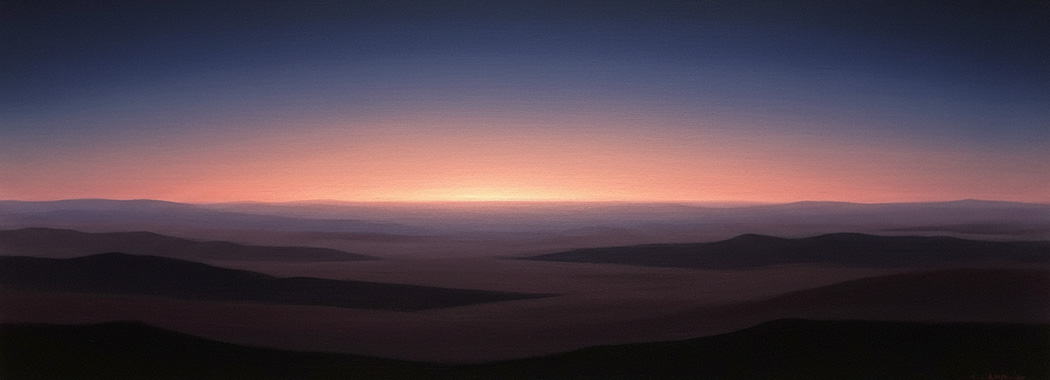 Austere illustration of dawn's first rose-pink blush spreading across a vast dark horizon where indigo sky meets waiting earth