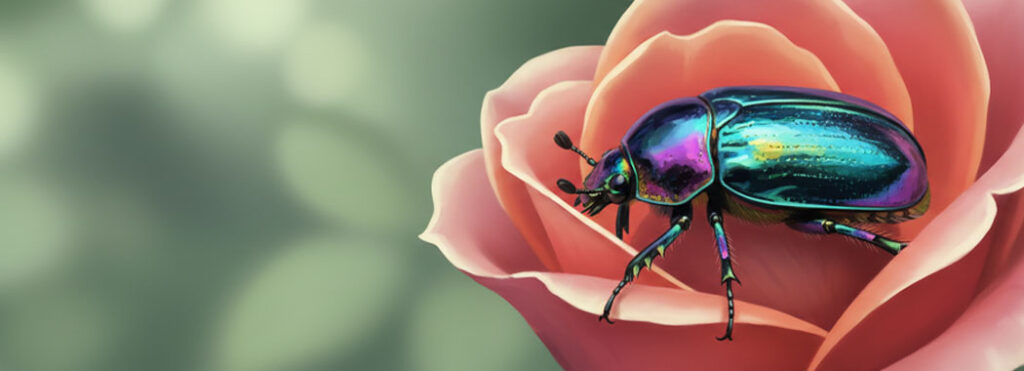 Close intimate illustration of an iridescent beetle with prismatic teal violet gold and magenta wings on the inner curl of a rose-blush petal against soft sage garden foliage