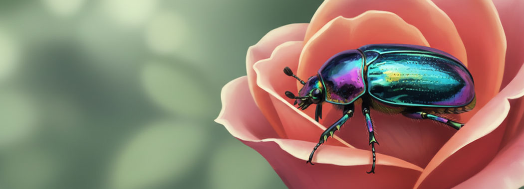 Close intimate illustration of an iridescent beetle with prismatic teal violet gold and magenta wings on the inner curl of a rose-blush petal against soft sage garden foliage