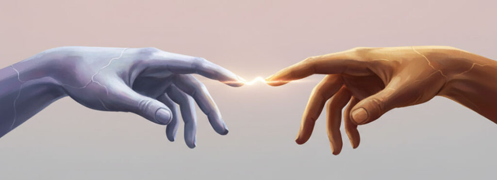 Close intimate illustration of two hands almost touching, one in cool pearl-blue tones and the other in warm amber-bronze, with a shimmering band of white-gold light glowing in the gap against a dove-gray and pale rose background