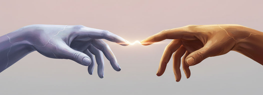 Close intimate illustration of two hands almost touching, one in cool pearl-blue tones and the other in warm amber-bronze, with a shimmering band of white-gold light glowing in the gap against a dove-gray and pale rose background