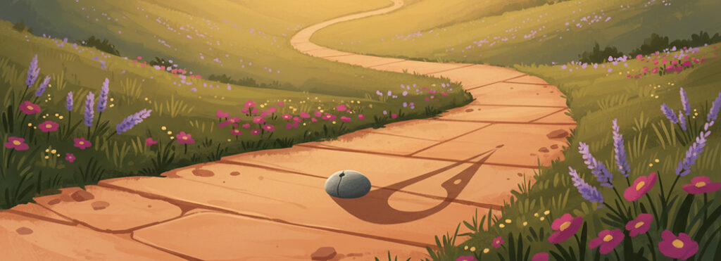 Slightly surreal illustration of a small gray pebble on a beautiful warm sandstone path casting a disproportionately large shadow through sage and wildflower landscape