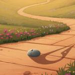 Slightly surreal illustration of a small gray pebble on a beautiful warm sandstone path casting a disproportionately large shadow through sage and wildflower landscape