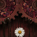 Dark dystopian illustration of an industrial sprocket grinding wilting roses into viscous oil with a single pristine daisy surviving in the foreground