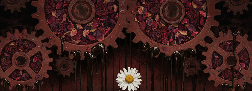 Dark dystopian illustration of an industrial sprocket grinding wilting roses into viscous oil with a single pristine daisy surviving in the foreground